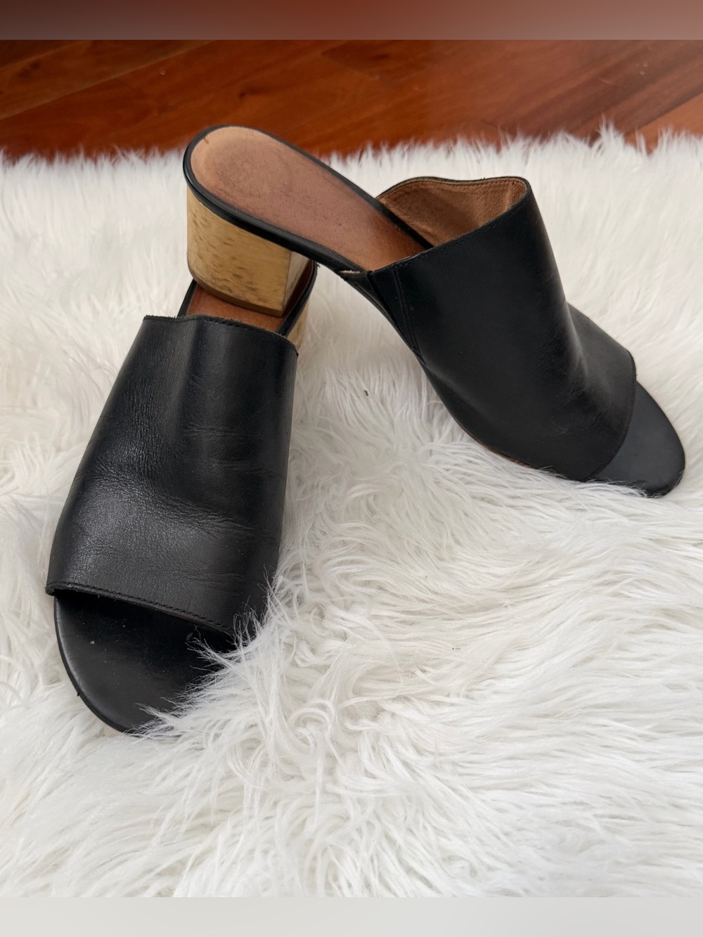 Madewell Black Leather Open-Toe Mule with Chunky Wood Heel 8.5
